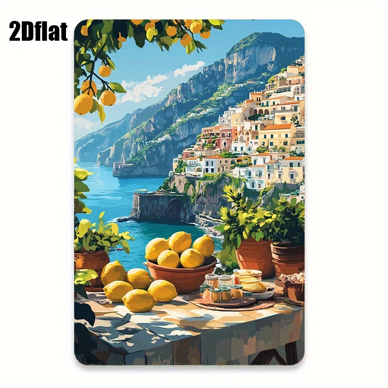 2D Flat, 1pc Vintage Lemon & Olive Branch Metal Tin Sign - Coastal Wall Art with Lemon Tree, Olive Branches, Cliffs & Ocean Wave