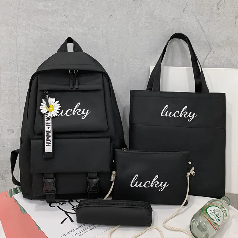 New Fashion Backpack, Women's Korean Edition Letter Contrast Backpack, Junior High School High School Four Piece Set