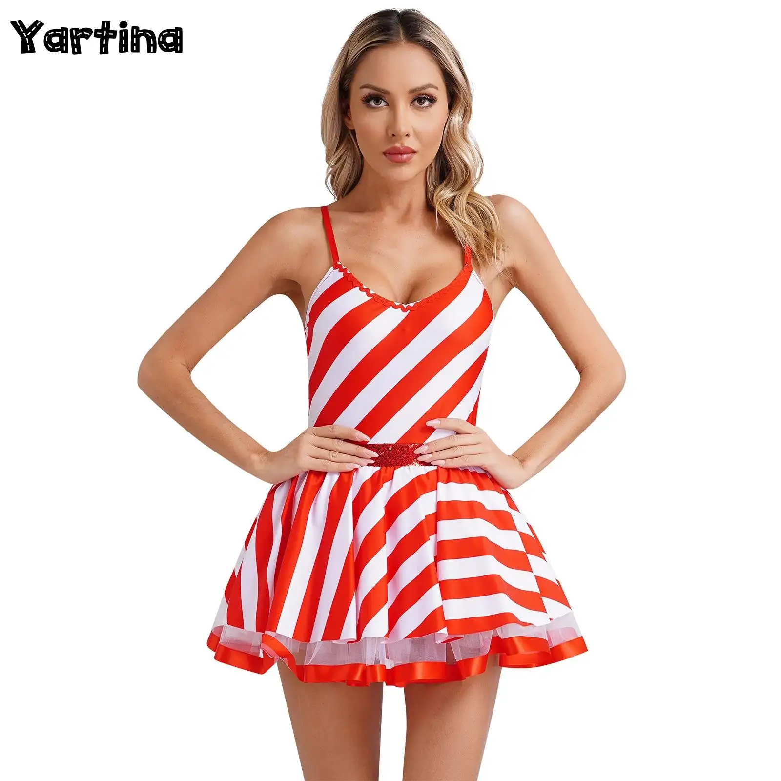 

Womens Christmas Candy Cane Xmas Cosplay Outfit Ballet Dancing Costumes V Neck Tulle Underskirt Striped Tutu New Year Dress