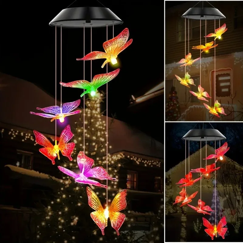 Outdoor Solar Butterfly Wind Chimes Colorful LED Waterproof Hanging Light Garden Patio Christmas Decor Unique Gift for Women