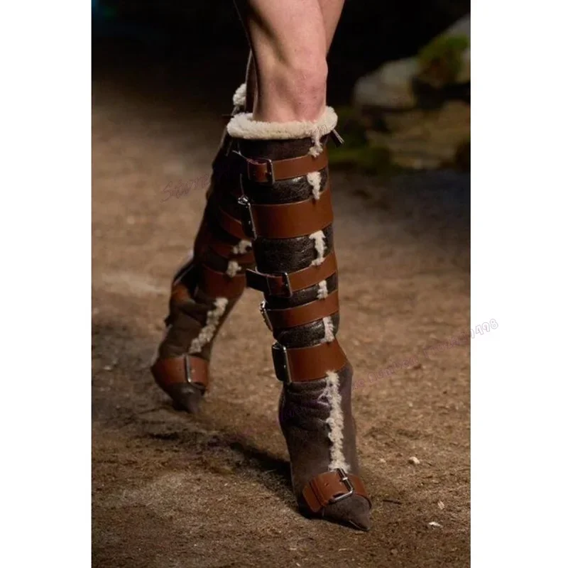 

Brown Fleece Strappy Buckle Boots Knee High Pointy Toe Shoes for Women Thin High Heel Winter Warm Shoes 2023 Zapatos Para Mujere