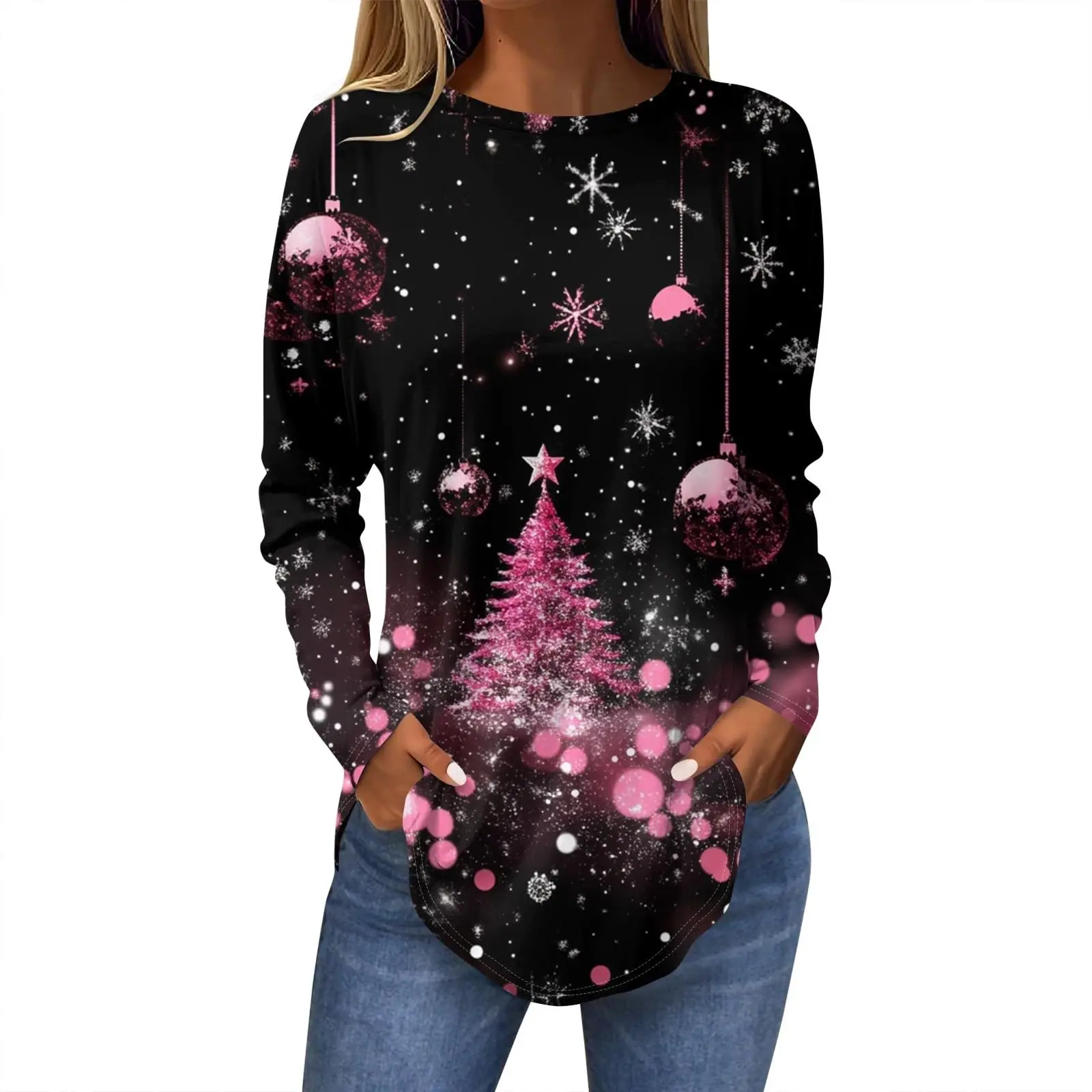 T-shirt a maniche lunghe girocollo con stampa rossa albero di Natale 3D da donna in edizione limitata natalizia Top casual a maniche lunghe alla moda