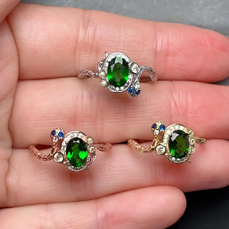 

Natural Diopside 925 Silver Ring 5mm*7mm Oval Diopside Jewelry Fashion Sterling Silver Snake Ring for Girl