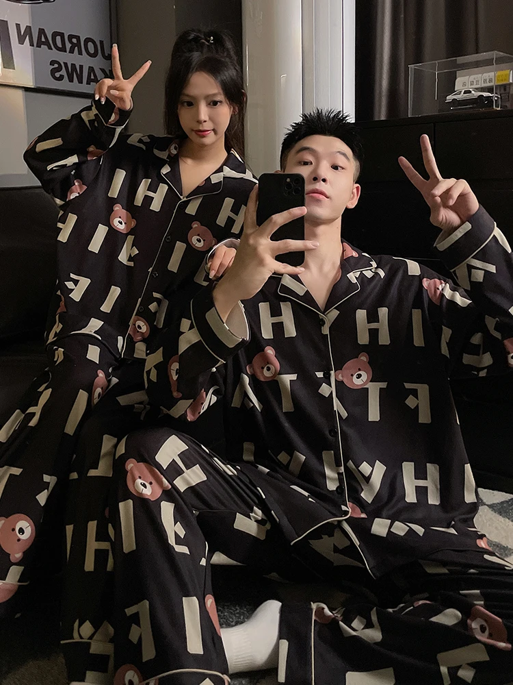 طقم ملابس نوم من DAIMELU بيجامات للزوجين للسيدات للربيع والخريف كارتونية لطيفة على شكل دب بأكمام طويلة ملابس نوم للرجال بدلة تنحيف #2