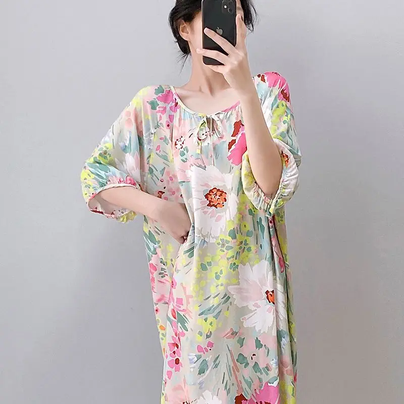 Short-sleeved Cotton and Silk Nightgown Women's Summer Medium-sleeved Long Dress Large-size Maternity Dress Artificial Pajamas