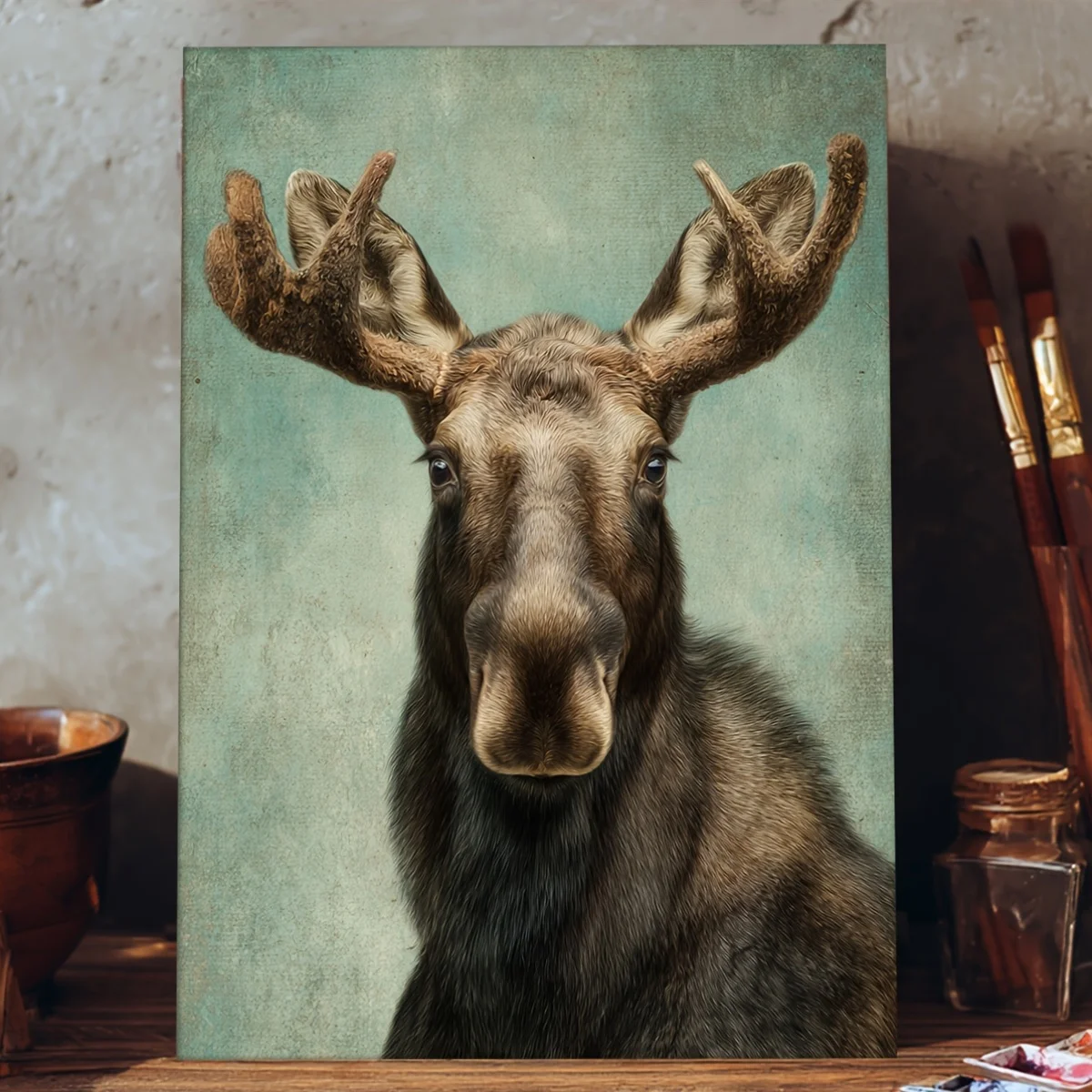 (No frame)2D Flat, 12x16 Moose Framed Canvas - Realistic Moose Portrait with Antlers, Wrap-Around Frame Suitable for Home Dec