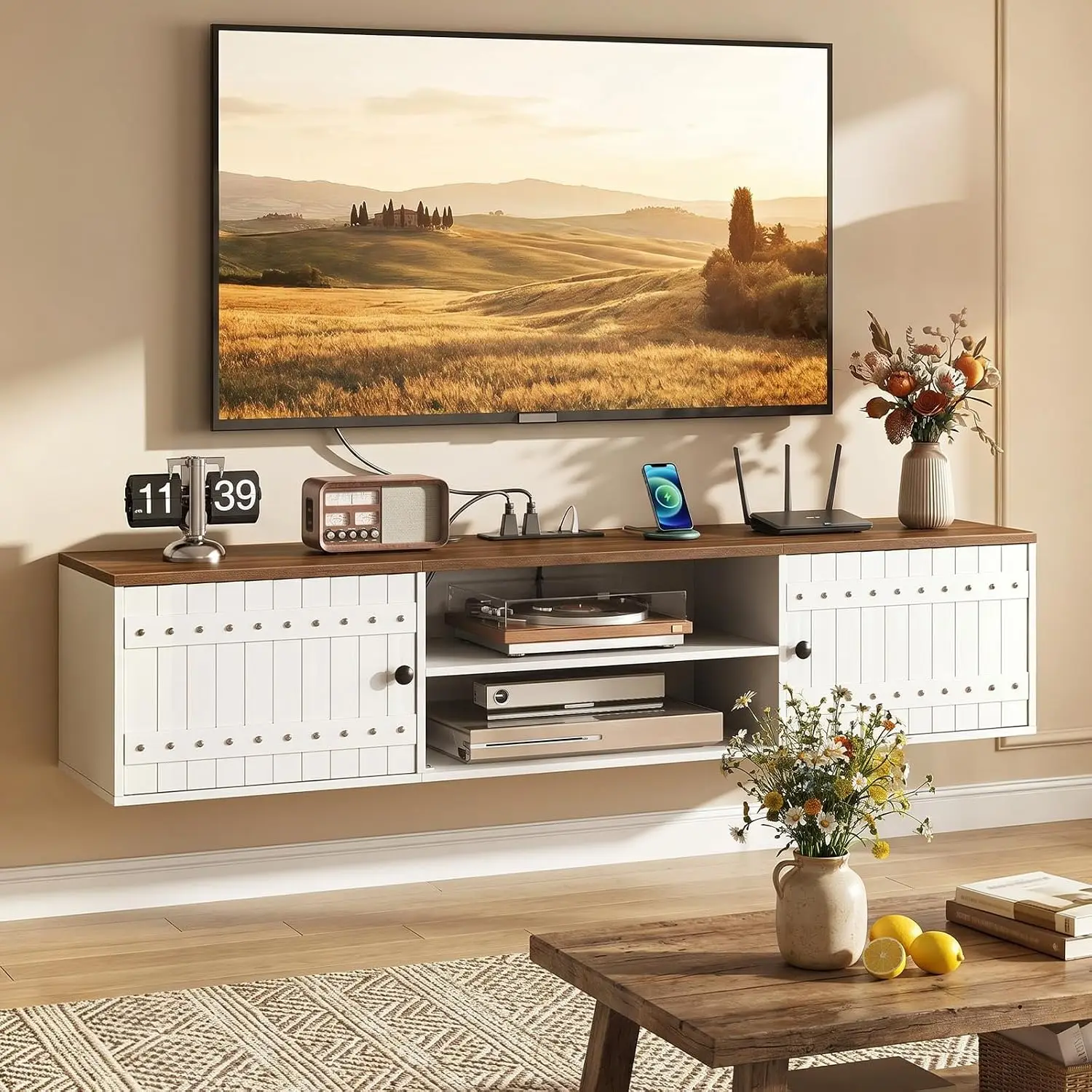 Farmhouse Floating TV Stand Wall-Mounted Console Charging Station Storage Doors Living Room Bedroom, Customized