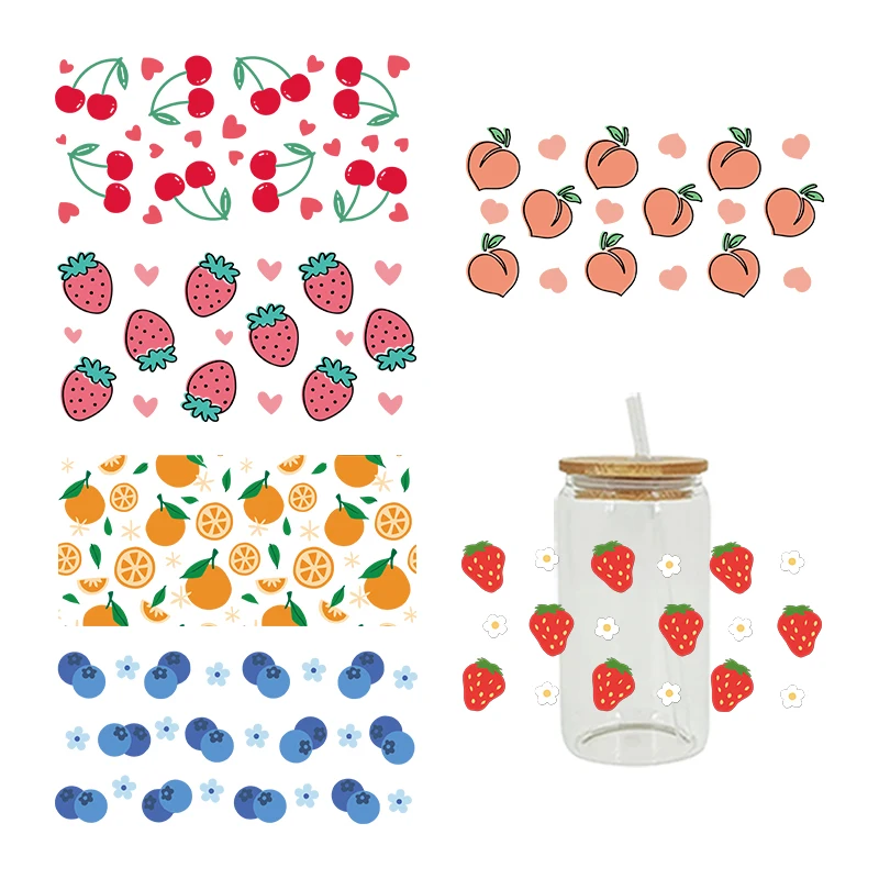 UV DTF Fruit Blue Plum Lemon Strawberry Cherry Peach Printed Sticker For The 16oz Libbey Can Glasses Wraps Bottles Cup  D5277