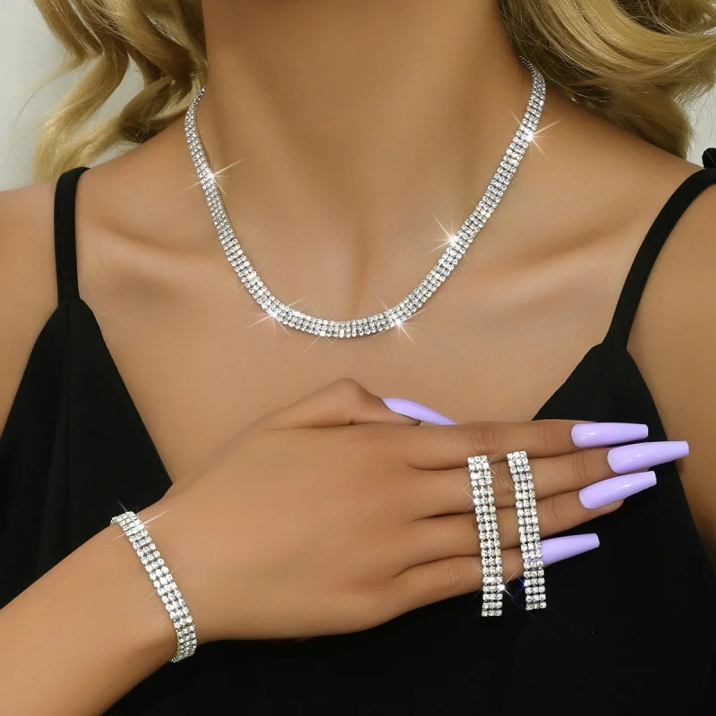

Jewelry Simple Bride Wedding Dress Bracelet Accessories Versatile Rhinestone Necklace Earrings Set Three-Piece Jewelry Set