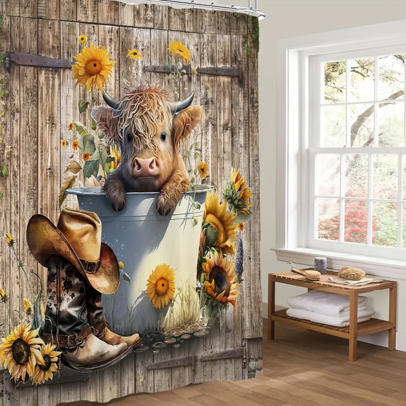 4PCs shower curtain barn door bathroom shower curtain set cow farmhouse shower curtain set rustic farmhouse shower curtain bathr