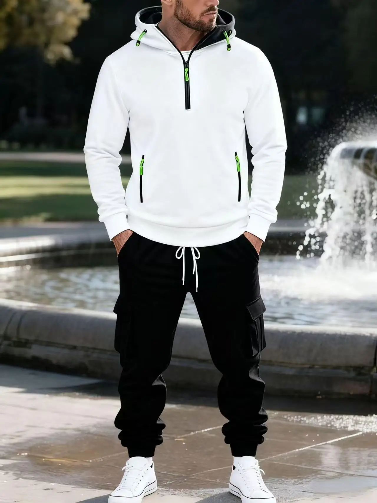 

Men's sports suit style autumn and winter fleece men's casual sportswear zipper sweater multi-pocket work pants suit