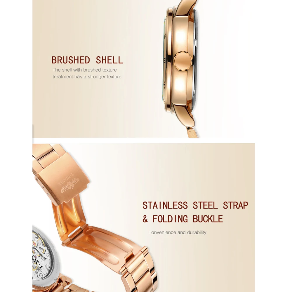 T-WINNER marca de luxo relógios femininos esqueleto relógios mecânicos numerais romanos moldura aço inoxidável moda senhoras relógio