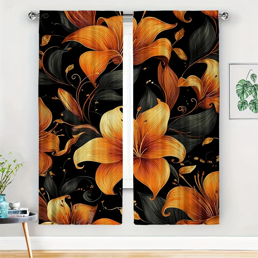 2PC Orange Lily Floral Curtain Panels 150x250cm Cotton Blend Light Filtering Decorative  curtains for living room