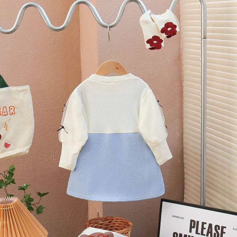 Girl\'s Dress Spring and Autumn  Baby Girl Color blocked Large Bow Long sleeved Splicing Mesh Princess Dress