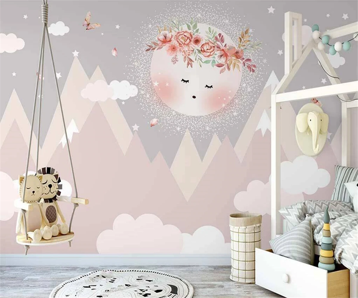 Self-adhesive material custom size cartoon hand-painted starry sky cloud geometry mountain pink princess room mural 3d wallpaper