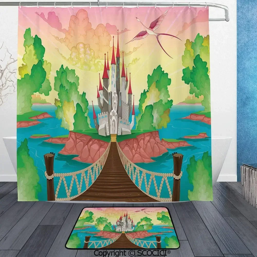 Princess Castle Above Wooden Bridge and Phoenix Bird Fairy Dream World Girls Shower Curtain