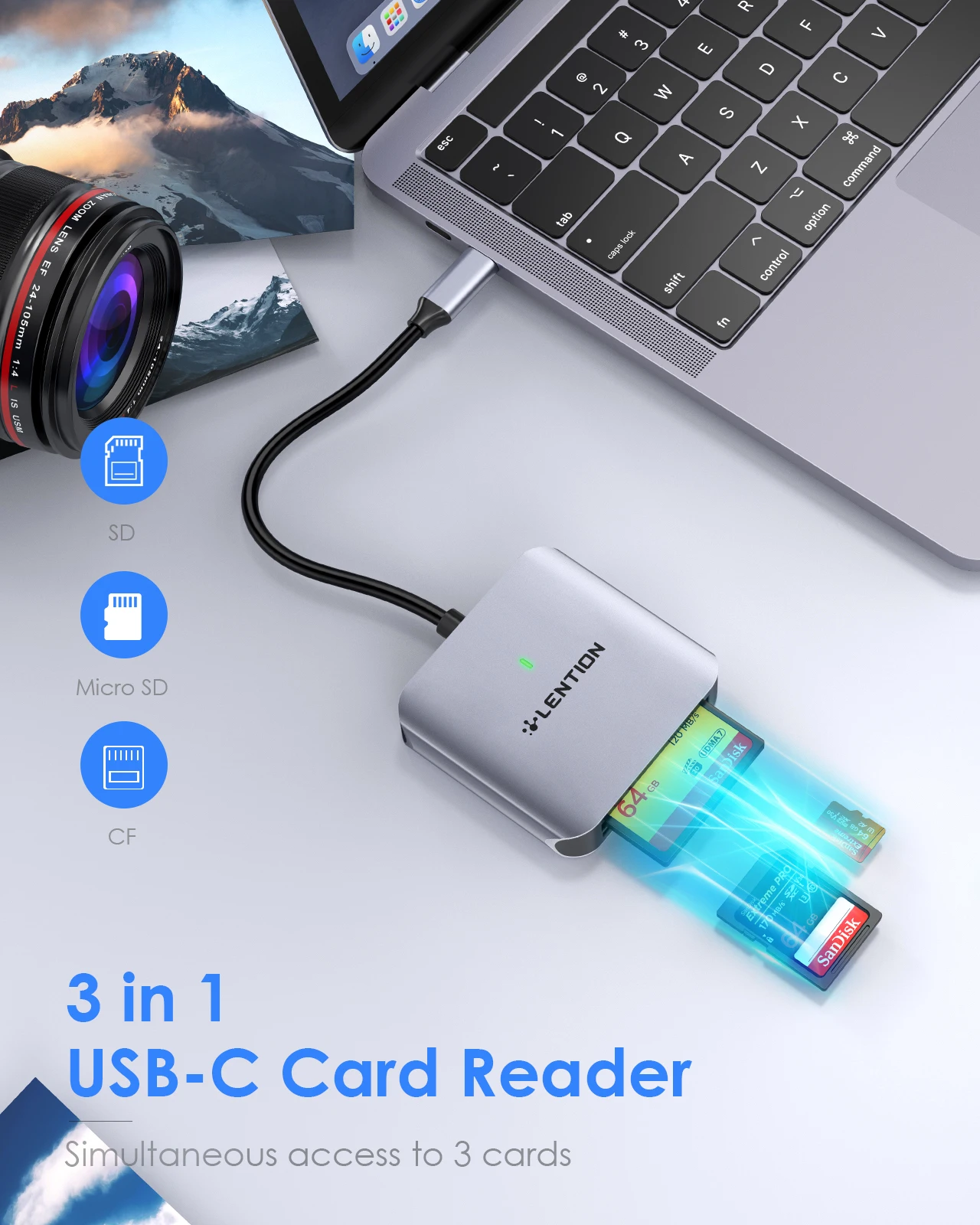 Lention USB C Card Reader SD CF Reader Type C Card Adapter for 2023-2016 MacBook Pro 13/15/16 USB C Type C Card Reader Spliter