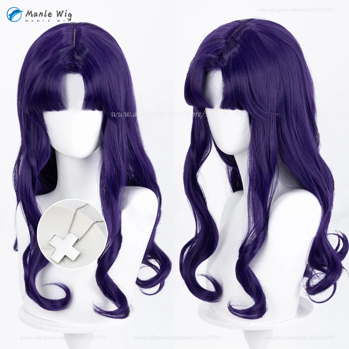 Anime EVA Misato Katsuragi Cosplay Wig Purple Curly Heat Resistant Synthetic Hair Katsuragi Misato Cos Necklace + Wig Cap