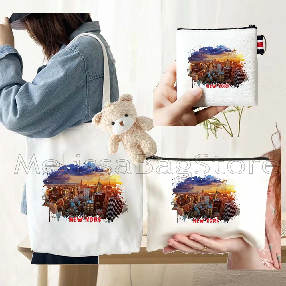 4PCS Gift Set New York City Black Canvas Tote Bag Handbag with Doll Key Coin Purse Cosmetic Makeup Toilet Bag Case Pouch