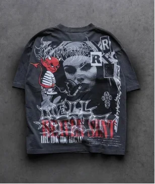 

Summer retro cartoon half-sleeved T-shirt for men and women Harajuku Gothic printed round neck pure cotton short-sleeved top