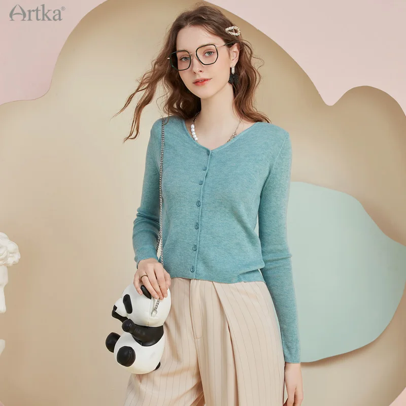 ARTKA 2022 Spring New Women Cardigan 4 Colors Elegant Wool Knitting V-Neck Sweater Long Sleeve Cardigan Outerwear WB28016Q