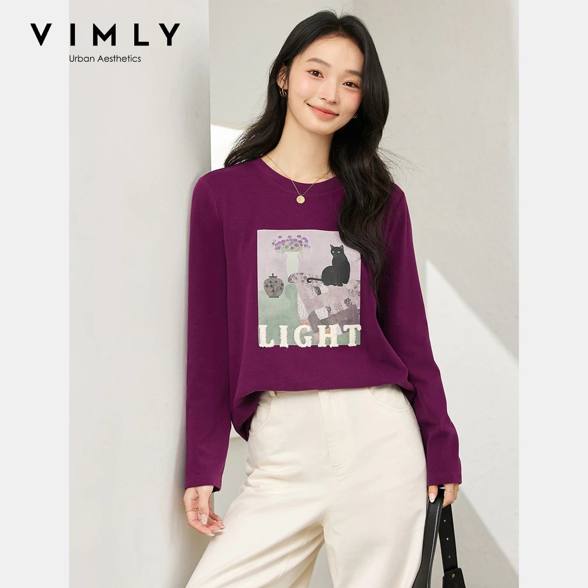 

VIMLY забавные футболки с мультяшным принтом, элегантные женские осенние футболки с круглым вырезом и длинными рукавами, осень 202, женский топ, A2072