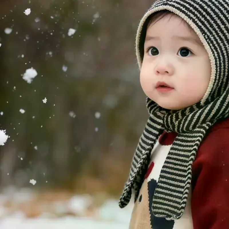 

1PC Kids Autumn-Winter Warm Thick Knit Hat Scarf Set Versatile Wool Knitted Ear Protector Cap Skullies For Boys And Girls