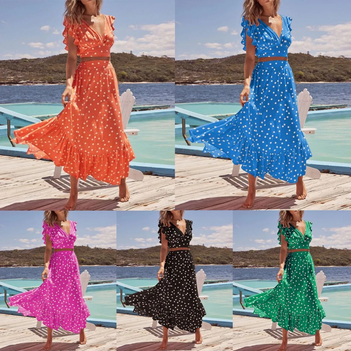 Ensemble Jupe et Haut Court à Pois pour Femme, Manches à Volants, Col en V, Taille Haute, Style Vacances, 2 Pièces