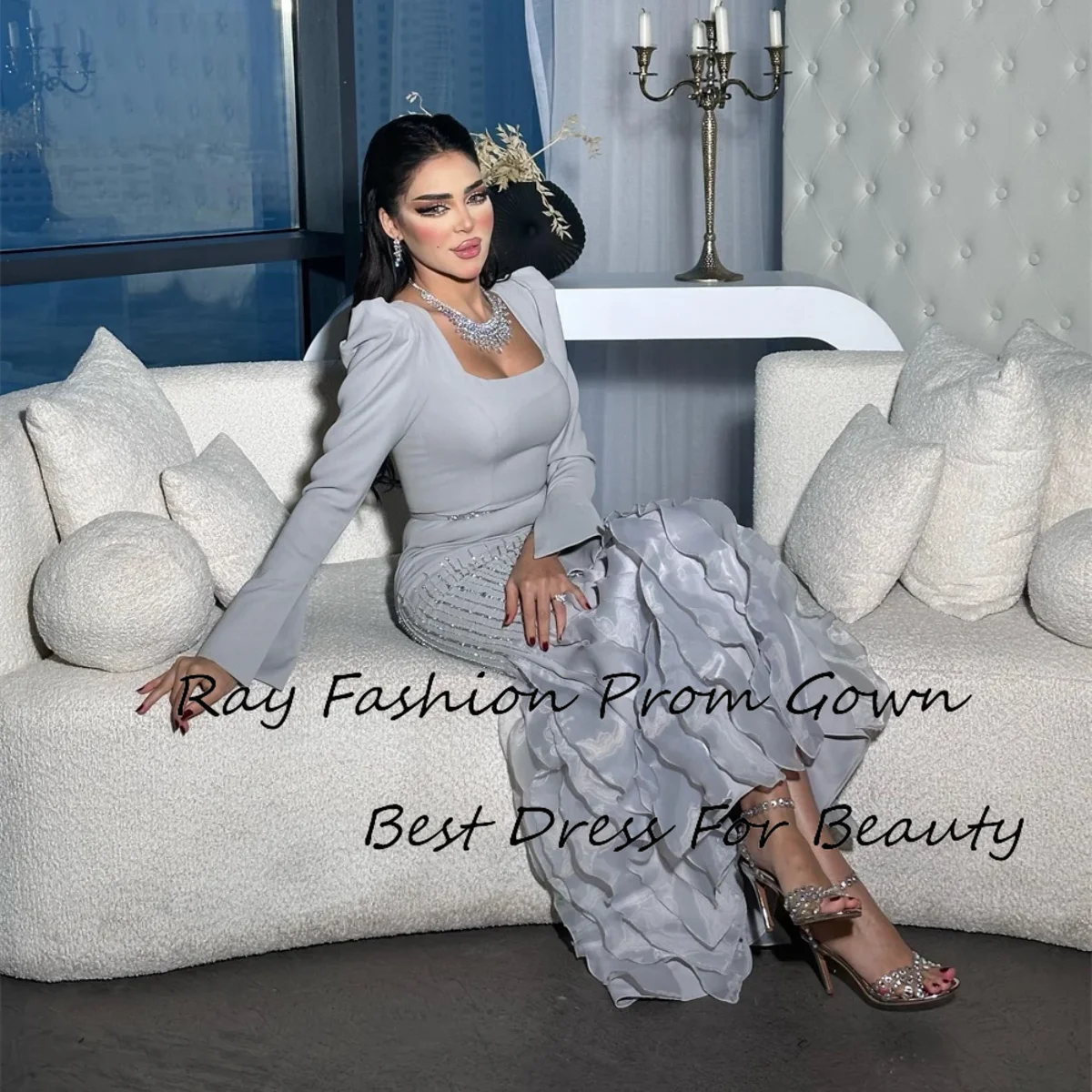 Ray Fashion Sheath High Quality Evening Dress Square Neck Cocktail Sequin With Long Puff Sleeves Fold Draped Satin Prom Gowns