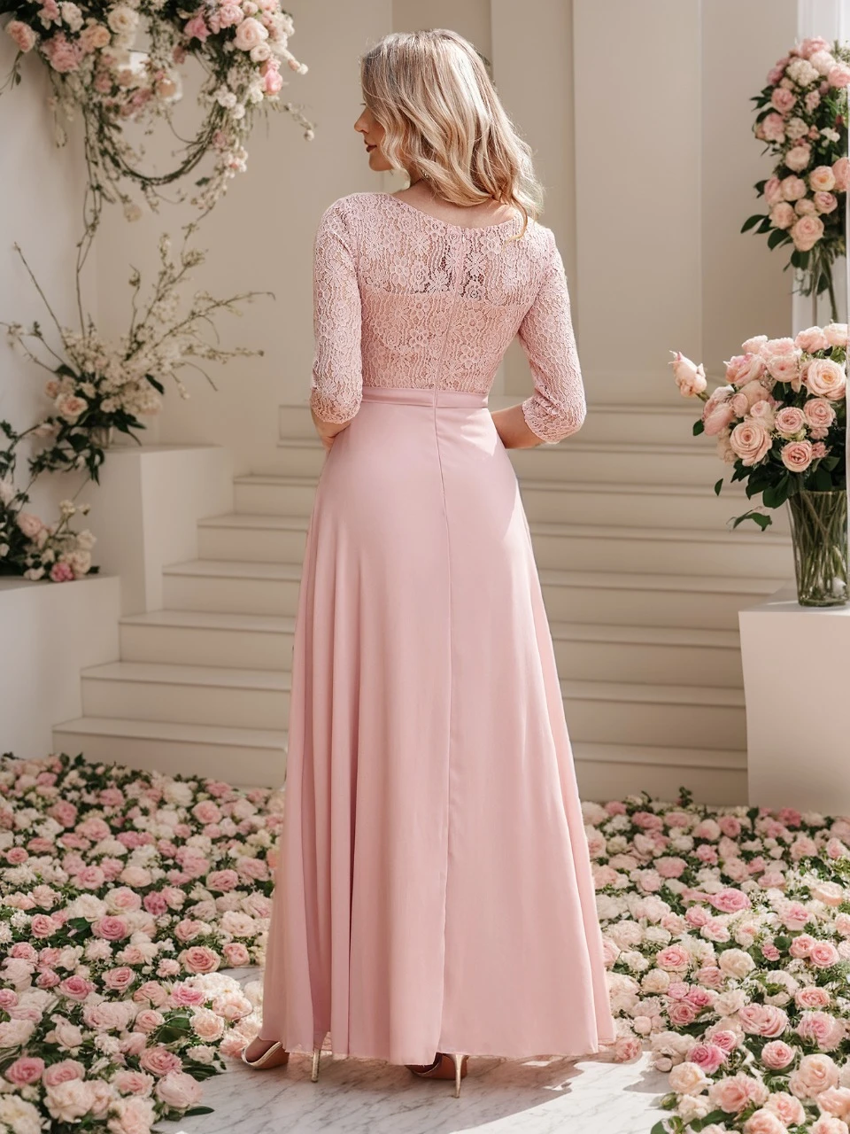 콩 핑크 꽃 레이스 이브닝 드레스 슬리브 컷 아웃 레이스 3/4 슬리브 오-넥 엠파이어 댄스 파티 드레스 쉬폰 a 라인 신부 들러리 가운