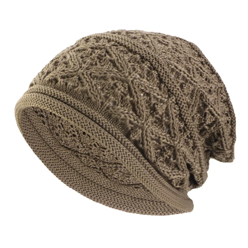 Winter Autumn Women's Rolled Edge Openwork Pullover Hat Jacquard Cap Hollow Out Bonnet Outdoor Headscarf Headwear for Pregnancy