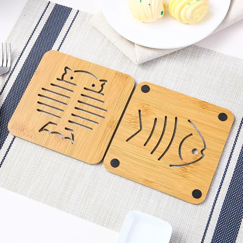 Juego de alfombrillas de bambú de dibujos animados, alfombrilla de mesa de aislamiento antideslizante de bambú y madera, multifunción, herramienta de almohadillas calientes