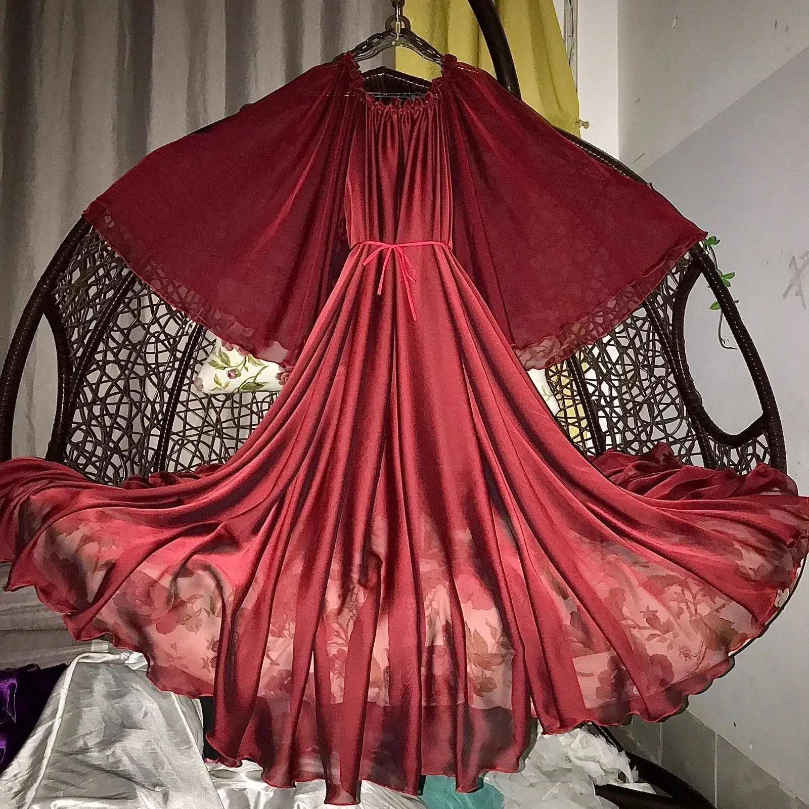 

Tulle Voile Women Ruffles Long Sleeve Dress Loose Maxi Dress Plus Size Sleeping Pajamas Robe