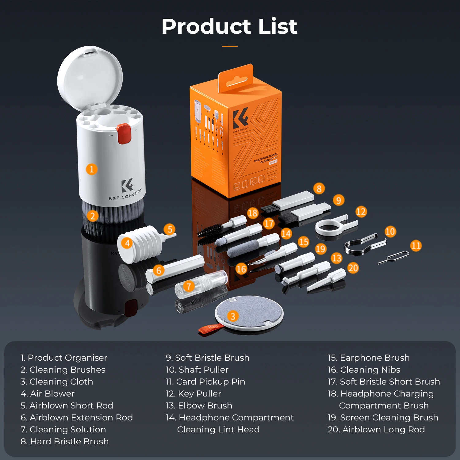 20-in-1 Multifunction Cleaning Kit K&F Concept, Portable Cleaning Brush for AirPods, Laptop, Phone Screen, Keyboard, Camera Lens