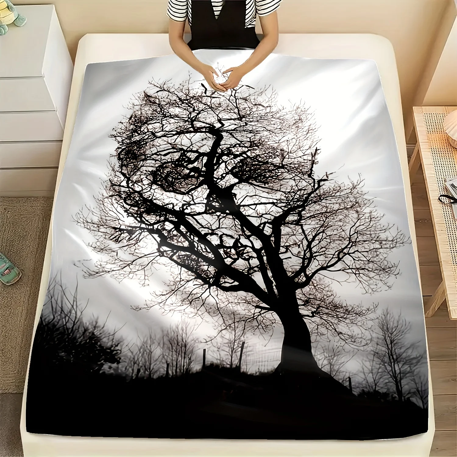 Gothic Skull Tree Print Flannel Blanket - Soft and Warm for Sofa, Office, Bed, Camping, and Travel - Holiday Gift for Halloween