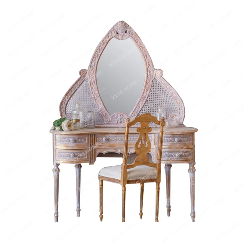 

Customized Solid Wood Dressing Table Hand Carved Antique Neoclassical Makeup Mirror French Entry Lux Princess Dressing Table