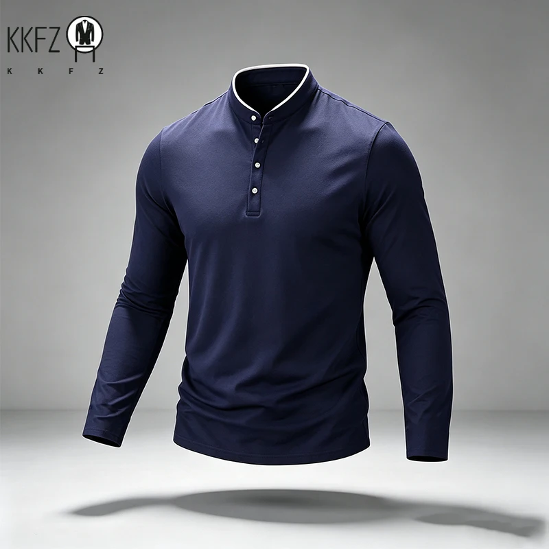 Mens Basic Mandarin Collar Long Sleeve Polo Top Button Design Contrast Neckline For Vacation Short Trip Leisure Scenarios