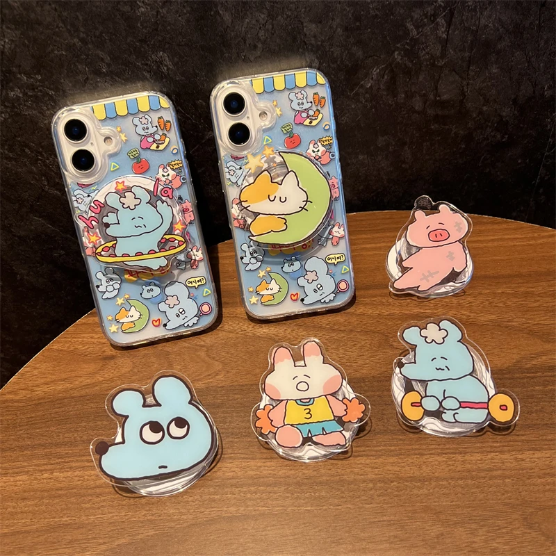 

Ins Korean Cute Blue Mice Pink Pig Cat Holder for Iphone Grip Tok Magnetic Wirelss Charge Phone Ring Support Bracket Smart Tok