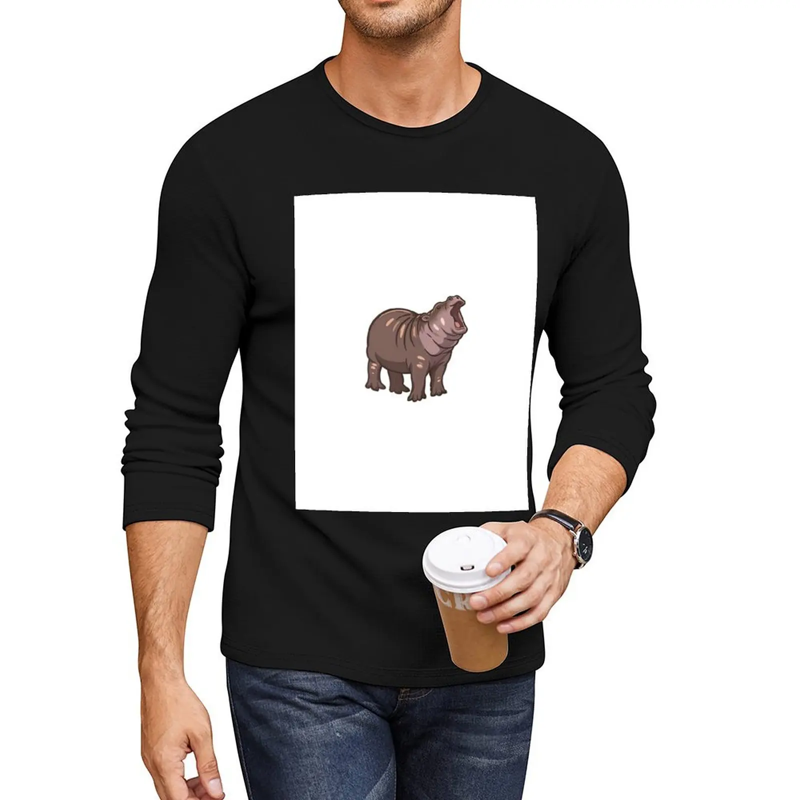 

Moo Deng the Roaring Hippo Long T-Shirt black t shirts vintage clothes men workout shirt