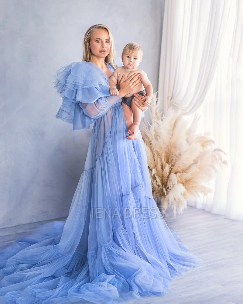 Blaues Umstands kleid mit V-Ausschnitt, gekräuselte Ärmel, transparenter Bademantel, Baby party kleider, Schwangerschaft fotografie kleid