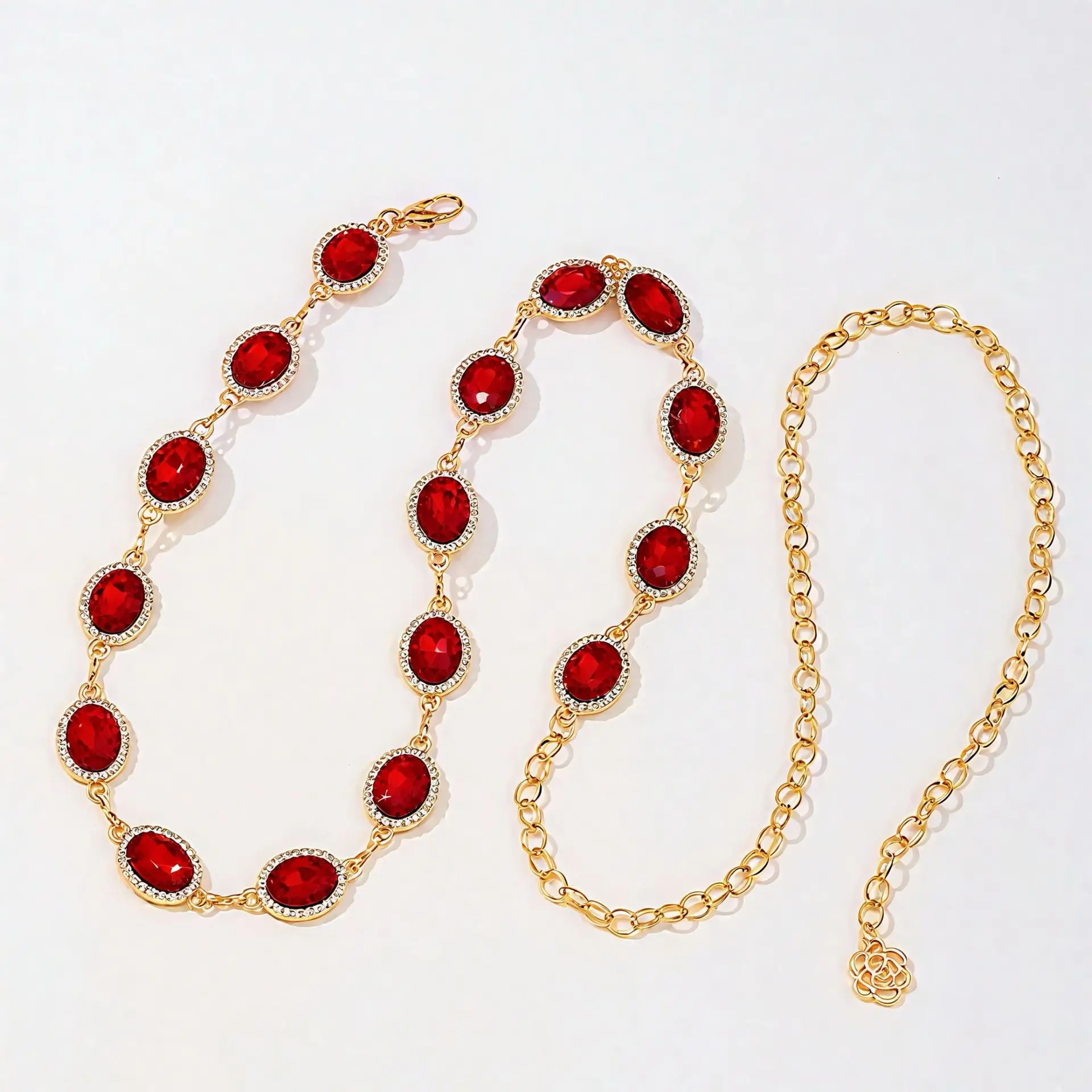 Ancient Red Oval Gemstone Waist Chain Light Luxury Gold-Trimmed Adjustable Chain Dress Party Outfit Decoration Accessory