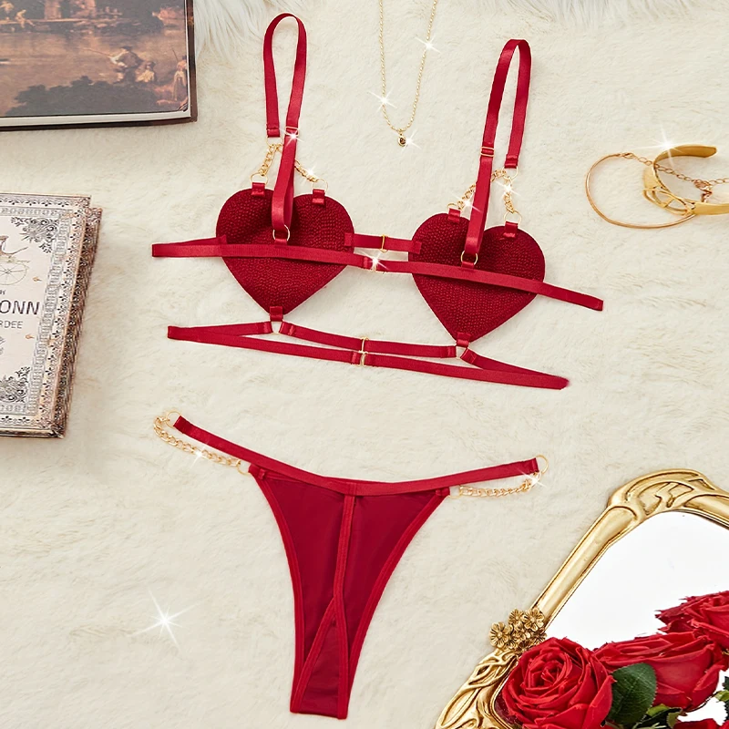 2Pcs For Women Sexy Fashionable Metal Chain Complex Craftsmanship Front Button Sex Hollow Out Underwear Sexy Lingerie Suit - Image 3