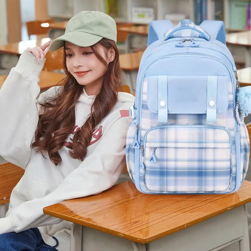 Adjustable Shoulder Straps Girls Backpack High School Girls Backpack Student Backpack with Plush Doll Pendant Multi-compartment