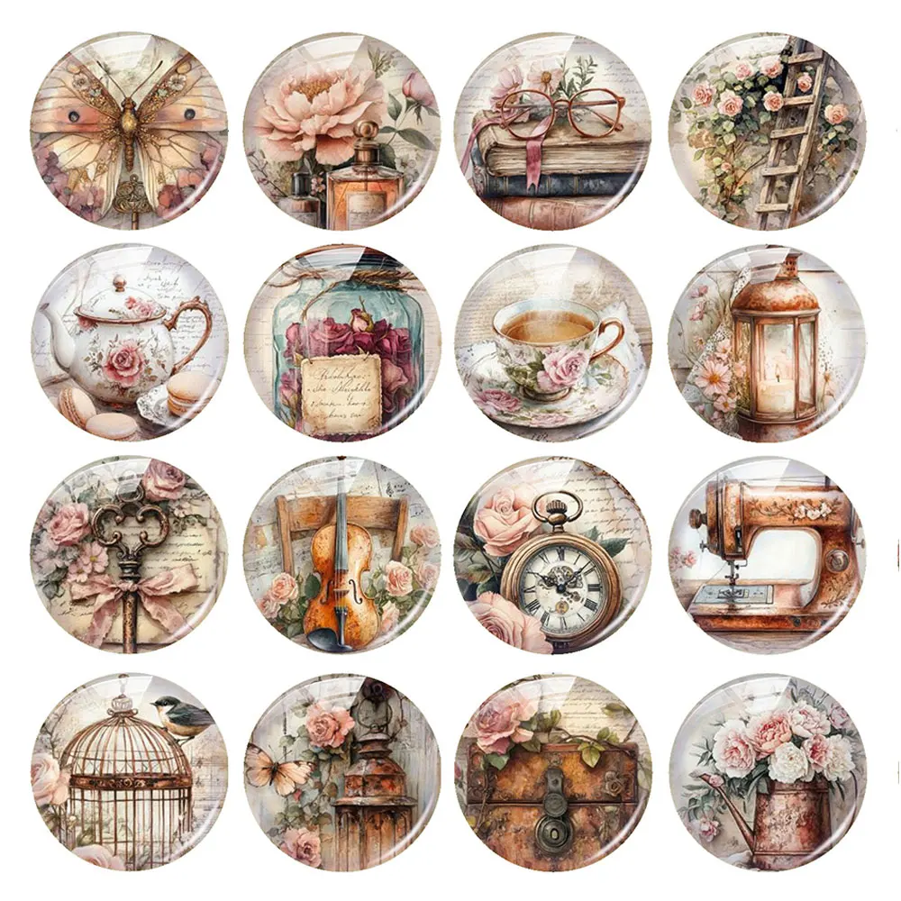 Random Mixed Round/Oval/Square Vintage Antique Rose Flower Photo Glass Cabochon Flatback Demo Cameo For Diy Jewelry Making