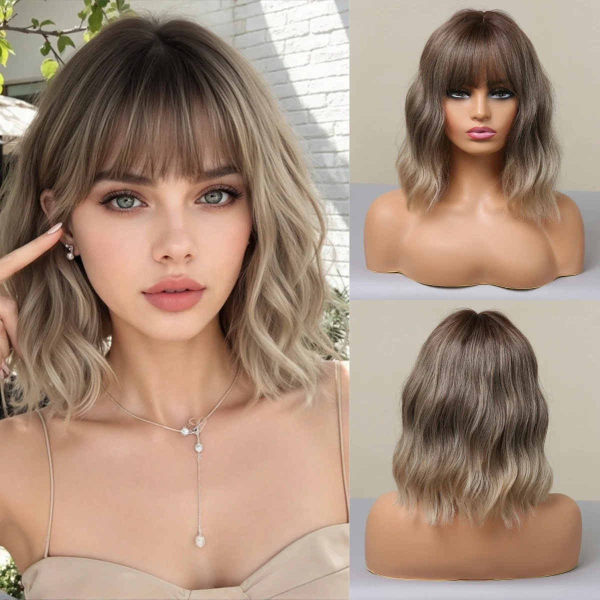 

Ombre Brown Wavy Synthetic Wigs with Bangs Short Blonde Ombre Natural Wig for Women Party Daily Use Heat Resistant Fiber
