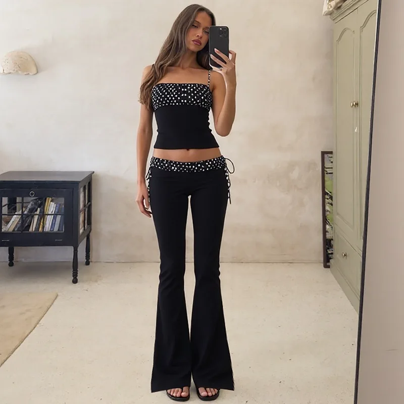 

Blifanbo Polka Dot( Flared Pants Two Pieces Set Women Sexy Spaghetti Strap Bodycon Sleeveless Top And Fashion Long Pants Set New