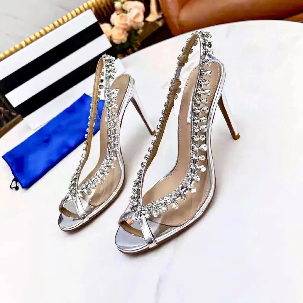 

Transparent Rhinestone Sandals Women's Stiletto Heel Summer Peep Toe Back Empty High Heels Sexy Pendant Pink