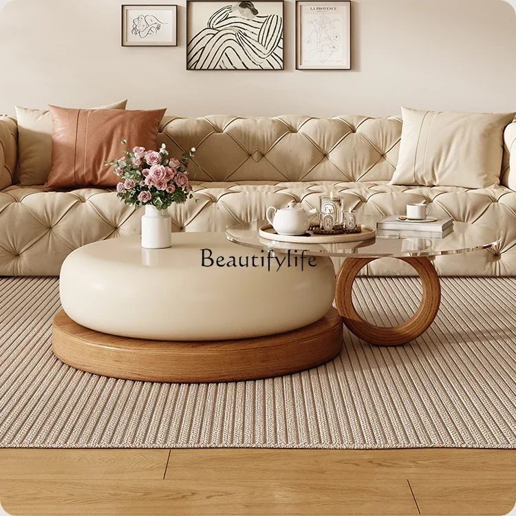 88.Cream Style Retro French Coffee Table Small Apartment Solid Wood Modern Simple round Tea Table