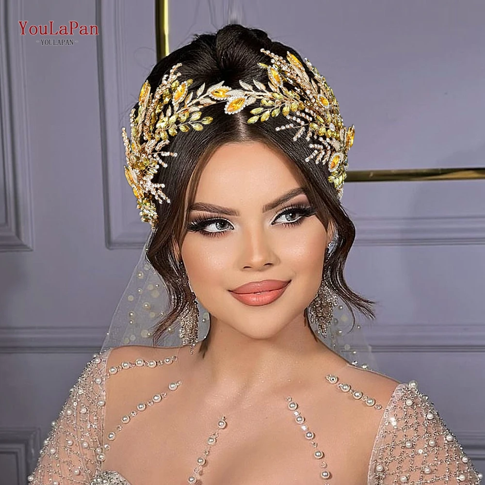 

YouLaPan Yellow Color Rhinestone Bride Head Hoop Golden Color Alloy Leaf Wedding Headband Hair Accessory Handmade Headwear HP948