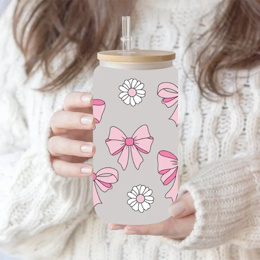New Waterproof UV DTF Transfer Sticker Clear Smooth Wrap Stickers Pink Bow Decals For 16Oz Glass Cup